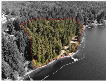 Overhead shot of a forested area by Lake Cowichan, with a clearly marked boundary in red, illustrating a property that has undergone a 23% valuation reduction after a reassessment corrected a $763,700 error.